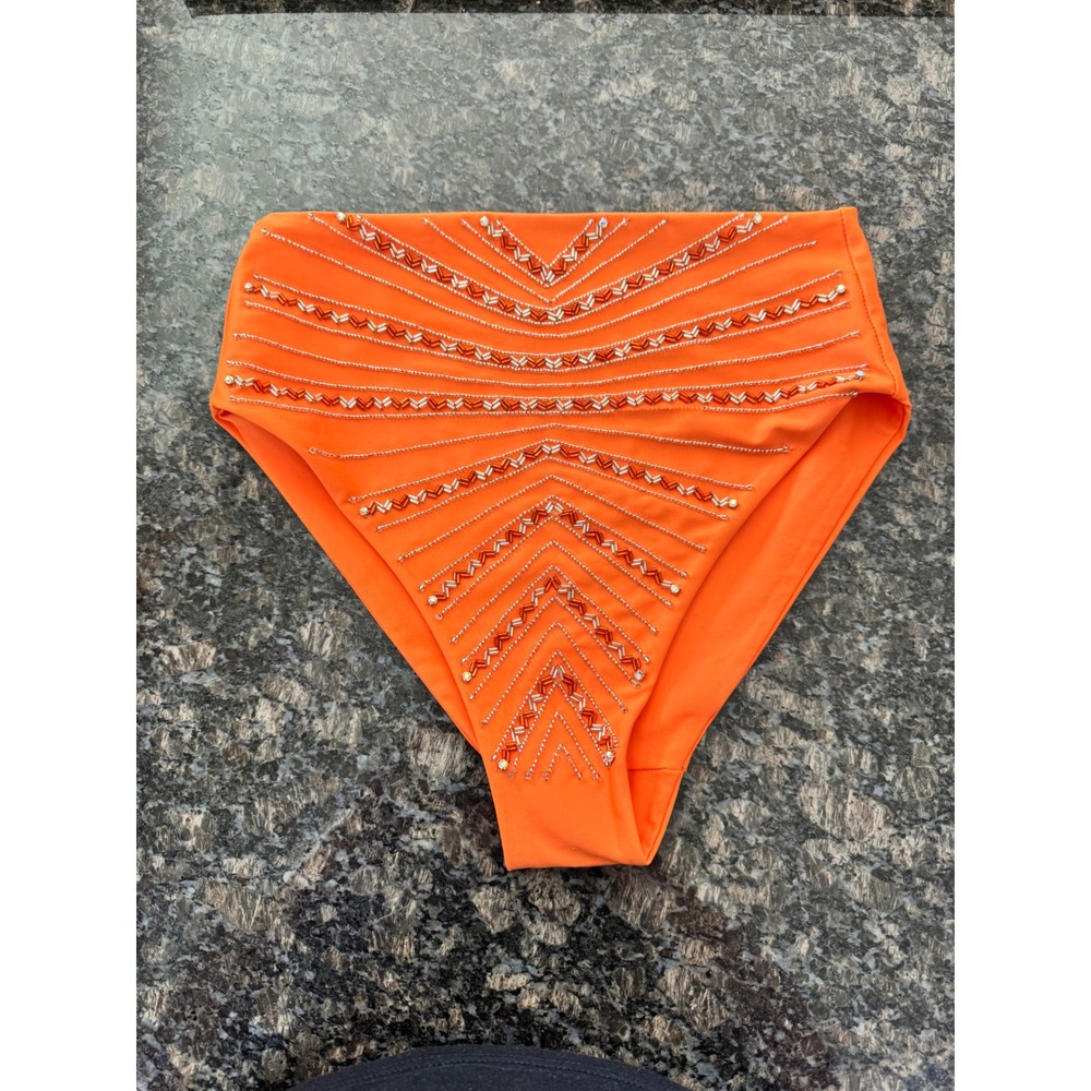 Oceanus Swimwear Orange Beaded High Waisted Bikini Bottoms Crystal Embellished M